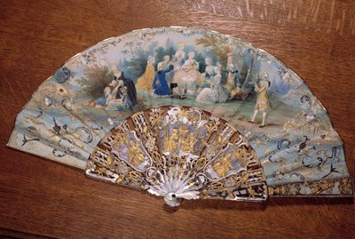 代表乡村品味的扇子。一群贵族在公园里野餐。18世纪尚蒂伊，康德博物馆 作者 法语学校