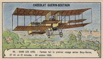 Farman making the first cross-country aeroplane flight in Europe, from Bouy to Reims, France, 30 October 1908 (chromolitho) 作者 法语学校