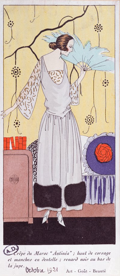 时尚板描绘了由羽毛制成的扇子，来自Art，Gout，Beaute，1921，（pochoir print） 作者 法语学校