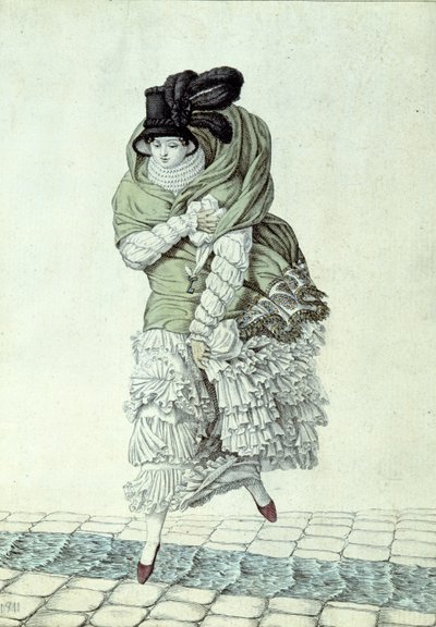时尚板描绘一位女士穿越污水流，1811年（彩色雕刻） 作者 法语学校