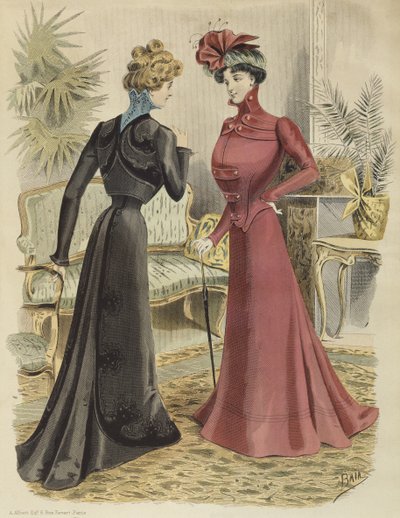 时尚板，在客厅里，插图来自La Nouvelle Mode，1897（彩色雕刻） 作者 法语学校