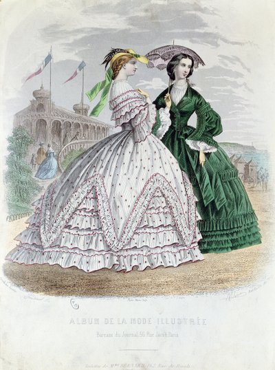 时尚的巴黎女士们在海边，1861年（彩色雕刻） 作者 法语学校