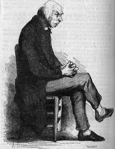 戈里奥神父。19世纪中期的雕版画。为Honore de Balzac（1799-1850）的 "The Father Goriot "提供插图。 作者 法语学校