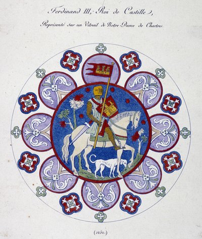 卡斯蒂利亚国王费尔南三世在沙特尔圣母院 (1252) 的彩色玻璃上代表。 大学比喻。 作者 法语学校