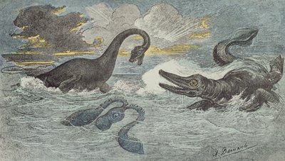 1880年（彩色雕刻）在Liassic或Jurassic时期（208至1.46亿年前）蛇颈龙和I鱼之间的战斗 作者 法语学校