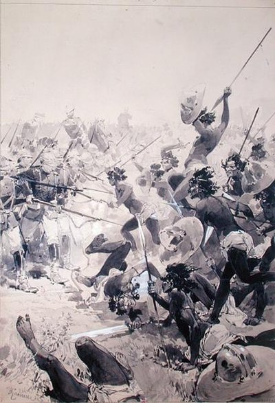祖鲁人和英国士兵之间的战斗，约1878年（纸上水彩）。 作者 法语学校