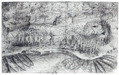 来自塞缪尔·德·尚普兰（1567-1635）的“1624年的行程de Champlain”中的休伦人战斗 作者 法语学校