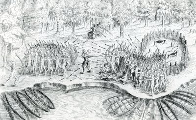 1624年，塞缪尔·德·尚普兰（Samuel de Champlain）于1567年至1635年间，从尚未开垦的Voyage de Champlain战斗休伦人 作者 法语学校