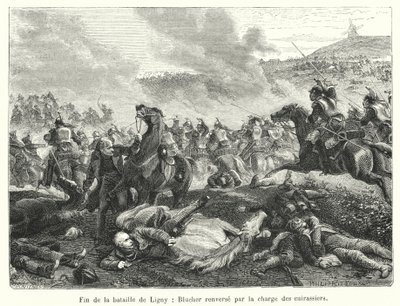 Fin de la bataille de Ligny, Blucher renverse par la charge des cuirassiers (engraving) 作者 法语学校