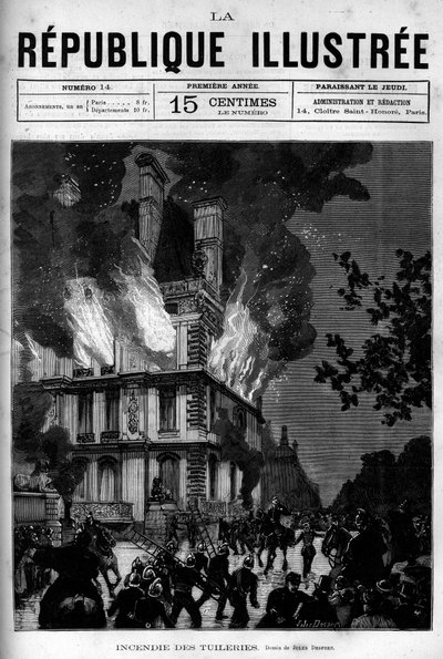 巴黎杜伊勒里宫的弗洛尔亭的火灾。一份报纸。1880年的版画，由 "La republique illustrstree "私人收藏。 作者 法语学校