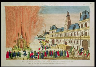 烟花在巴黎的Hotel de Ville酒店门前庆祝凡尔赛和平，1783年 作者 法语学校