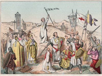 First Crusade: the siege and the capture of Jerusalem by the croises led by Godefroy (Godefroi) de Bouillon (1058-1100) in 1099 - Godfrey de Bouillon at the Siege of Jerusalem - Engraving of the end of the 19th century in “” Nos Gires Nationales - Images e 作者 法语学校