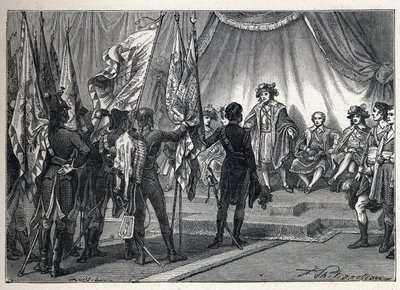 第一个联盟。约阿希姆-缪拉（1767-1815）将拿破仑-波拿巴指挥的法军在意大利战役中征服的旗帜提交给执行委员会。1889年的雕版画。私人收藏。 作者 法语学校