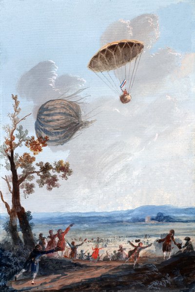 1797年10月22日，第一个降落在降落伞上的人，在巴黎的蒙索公园，c.1797 作者 法语学校