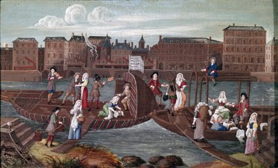 Fish and lavender on the back. Detail on the back showing the leisure of the lavender trees eating, chatting with other craftsmen (water carrier, shoeshine) and dancing on a boat in the Seine. Painting of the French school of the 17th century 作者 法语学校