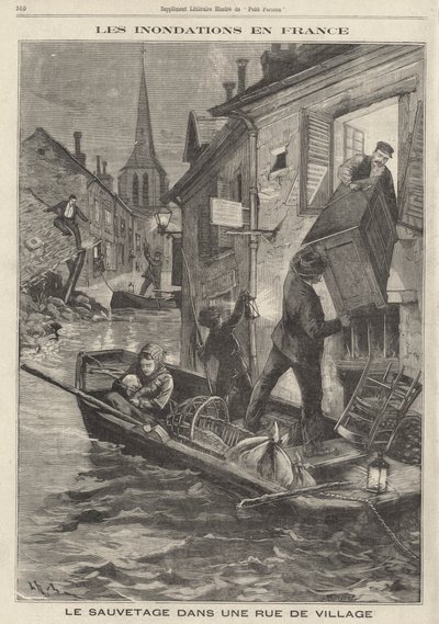 Floods in France: residents of a village using a boat to rescue their possessions from their flooded house 作者 法语学校