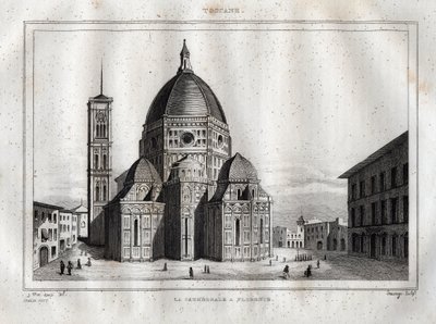 佛罗伦萨大教堂--佛罗伦萨大教堂（Duomo Santa Maria del Fiore）的景观。穹顶由菲利普-布鲁内莱斯基在1420-1436年左右制作，意大利佛罗伦萨 - 雕刻自M.de的 "意大利风景"--意大利历史和描述表"。 作者 法语学校