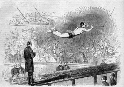 法国杂技演员Jules Leotard（1839-1870）在巴黎拿破仑马戏团（今天的Hiver马戏团）表演的空中飞人节目。 作者 法语学校