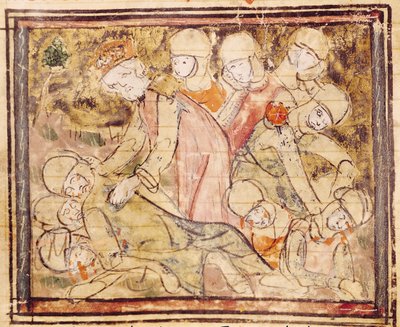 Fol.136v Charlemagne（742-814）如何从法国的伟大编年史中找到Roland Dead，1375-79 作者 法语学校