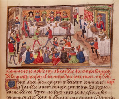 Fol.298r贵族国王亚历山大是如何被毒害的，来自Jean Wauquelin的一本书，来自Alexando 1460的Histoire du Grand Alexandre 作者 法语学校