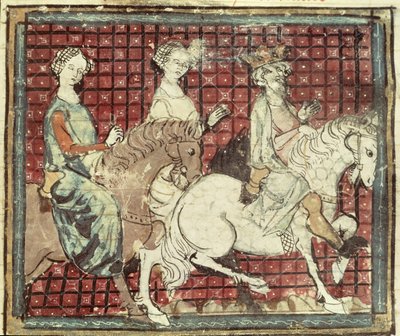 Fol.31r Chilperic I（543-97）和马背上的Fredegonde，来自Grandes Chroniques de France，1375-79 作者 法语学校