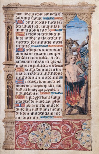 Fol.67r文本页面，带有被两名恶魔折磨的男人的边框细节，来自“ Heures de l” Usage de Rome” 作者 法语学校
