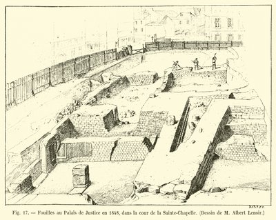 1848年在法院大楼的挖掘，在Sainte-Chapelle的庭院里，由Albert Lenoir绘制 作者 法语学校