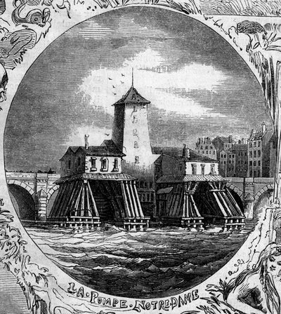 巴黎的喷泉：庞贝圣母院的景观（1676）。这个液压泵于1858年被拆除。2月22日《世界画报》第254期上的版画。 作者 法语学校