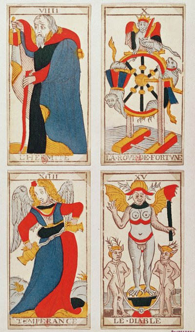 描绘隐士，命运之轮，节制与魔鬼的四张塔罗牌（彩色木版画） 作者 法语学校