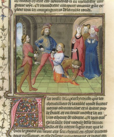 Fr.120 f.522v来自La Graite de Saint Graal的兰斯洛特故事中的兰斯洛特骑士 作者 法语学校