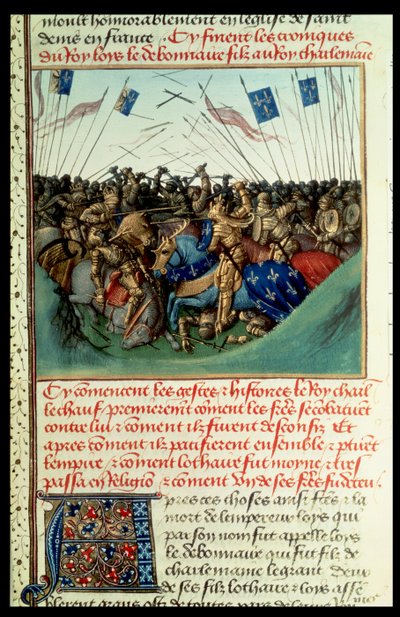 Fr 6465 f.140 Lothair I（795-855）西部皇帝在841年与他的兄弟Louis the German（c.804-76）和Charles the Bald（823-77）在Fontenoy en Puisaye战斗 作者 法语学校