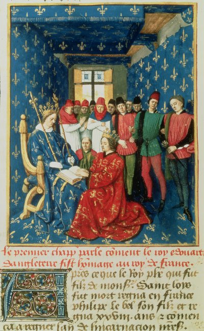 Fr 6465 fol.301v爱德华一世（1239-1307）向法国国王Philippe IV le Bel（1268年至1314年）致敬阿根廷公爵 作者 法语学校