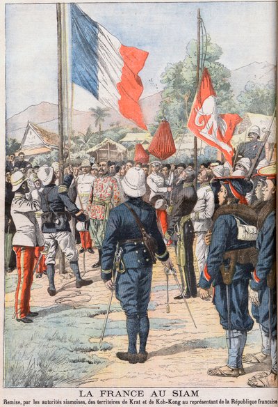 法国在1904年暹罗和法国之间达成的条约后接管了暹罗的Krat和Koh-Kong领土，1905年2月《小报》的插图（雕刻）。 作者 法语学校