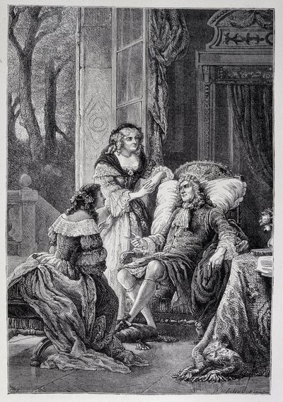 Francois de la Rochefoucauld (1613-1680) 与 Mademoiselle de Sevigne (Marie de Rabutin-Chantal)、Marquise de Sevigne dit Madame de Sevigne (1626-1696) 和 Marie-Madeleine (Marie Madeleine) Pioche de La Vergne，伯爵夫人交谈(Madame de la F 作者 法语学校