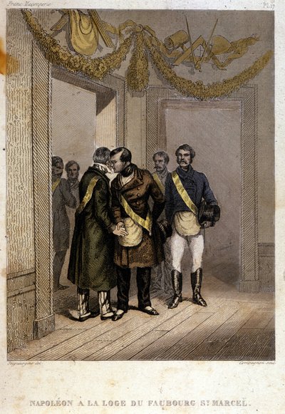 Freemaking：拿破仑·约瑟夫·查尔斯·保罗·波拿巴（Napoleon Joseph Charles Paul Bonaparte），绰号 Jerome 王子或 Plonplon 在 Faubourg Saint Marcel 神庙的入口处被辨认出来。 雕刻自“”共济会和古代秘密社团的风景如画的历史 作者 法语学校