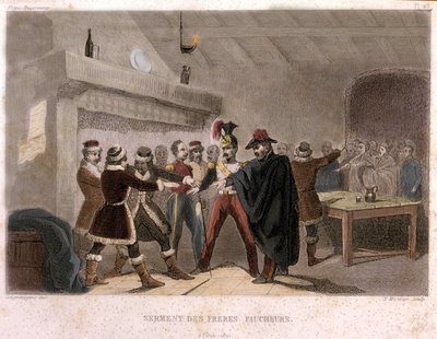 共济会：1821 年波托克收割者兄弟的誓言。F.-T. 雕刻自“风景如画的 Histoire Histoire de la Franc Maconnerie et des Societes Secretes Ancient et Modern”。 B、克拉维尔。 帕格内尔，编辑。 1843 年。 作者 法语学校