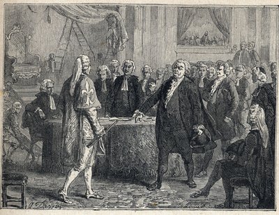 法国大革命--大会于1789年6月23日举行。米拉波伯爵霍诺尔-加布里埃尔（Honore-Gabriel）-里奎蒂（1749-1791）使徒亨利-埃弗拉尔（Henri-Evrard），德勒布雷兹（Dreux-Breze）侯爵（1762-1829）。1889年的雕版画。私人收藏。 作者 法语学校