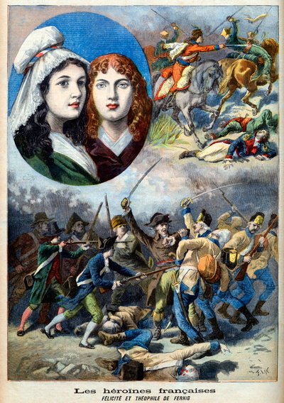 法国大革命--法国女英雄：费利西特（1770-1841）和西奥菲勒（1875-1819）姐妹，她们在1792年化装成男人与奥地利人作战，以监视她们的父亲--插图来自1894年8月7日的《小报》。 作者 法语学校