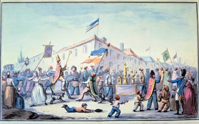 法国大革命：“人民的假面舞会穿着牧师的服装”。 无名水彩。 1793. 巴黎，L