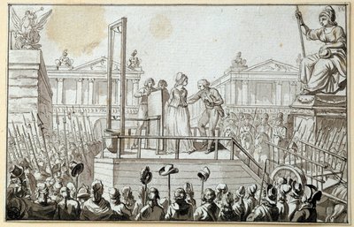 法国大革命"玛丽-安托瓦内特王后（1755-1793 年）1793 年 10 月在脚手架上"，匿名黑色墨水绘画。1793 年太阳。巴黎，卢浮宫博物馆 作者 法语学校
