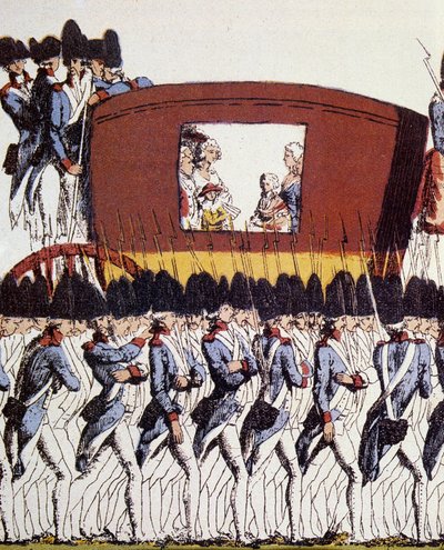 French Revolution: Return of the Royal Family to Paris on 25 June 1791 after the arrest in Varennes on 20 and 21 June 1791. Eau-forte coloriee anonymous 1791 Sun. 23.2x34.6 Paris, Musee Carnavalet. 作者 法语学校