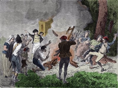 法国大革命。"1792年9月，人们在梅尼拉芒的圣法尔戈公园烧毁了克劳德-沙佩的电报机，认为这是一个旨在与锁在圣殿监狱中的王室成员联系的装置""刻字 作者 法语学校