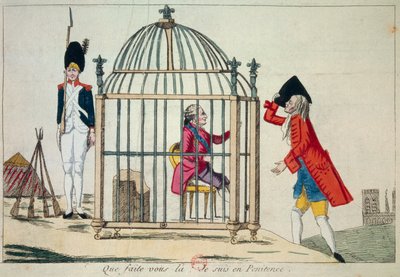 法国大革命。国王路易十六（1754-1793）在1791年6月逃往瓦雷纳的前夕，在笼子里表现的是 "你做什么，我在忏悔"。讽刺性雕刻 巴黎，兵工厂图书馆 作者 法语学校