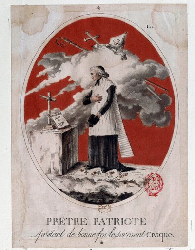 French Revolution: a patriot priest taking the civic oath in good faith. Engraving of the 18th century. Paris, Library of the Arsenal 作者 法语学校