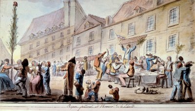 法国大革命：1793 年 6 月为纪念自由而举行的兄弟会。爱国者和巴黎人庆祝自由。 “自由、平等、博爱”的格言在这一时期首次出现。 1793 年的水彩画。巴黎，阿森纳图书馆 作者 法语学校