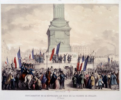 1848 年法国大革命：1848 年 2 月 25 日在巴士底广场七月柱下宣布成立第二共和国。19 世纪石版画。巴黎，卡纳瓦罗博物馆 作者 法语学校