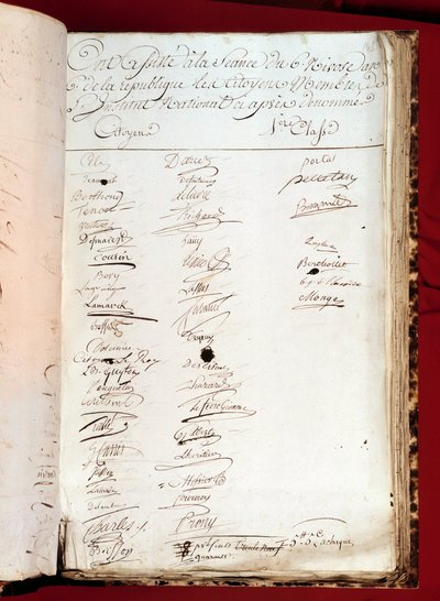 法国大革命：1797 年 12 月 26 日（第 6 年第六年）的出勤登记表，并附有参加国家研究所的人员的签名。 巴黎科学院 作者 法语学校
