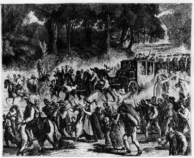 法国大革命：王室成员（路易十六和玛丽-安托瓦内特）抵达巴黎，1789年10月5日 - 雕刻。 作者 法语学校