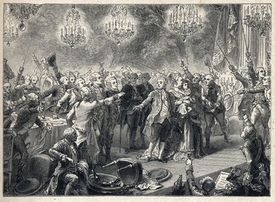 法国大革命：1789年10月1日，在凡尔赛桔园组织的保镖宴会上，保皇党人在玛丽-安托瓦内特王后（1754-1793）的国王（1754-1793）和海豚面前宣誓效忠君主 -- 作者 法语学校