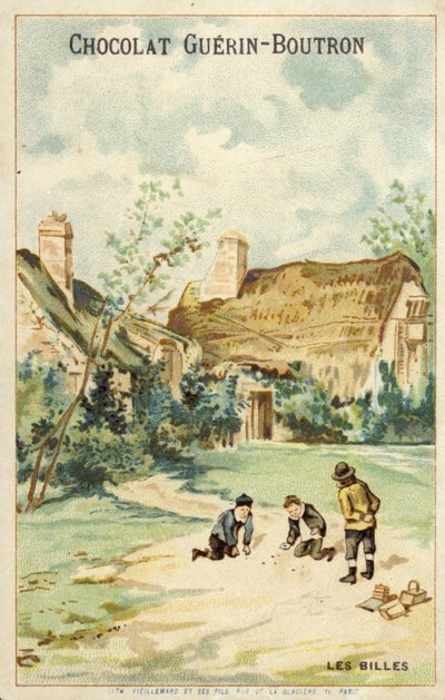 法国孩子在小屋外玩弹珠（chromolitho） 作者 法语学校